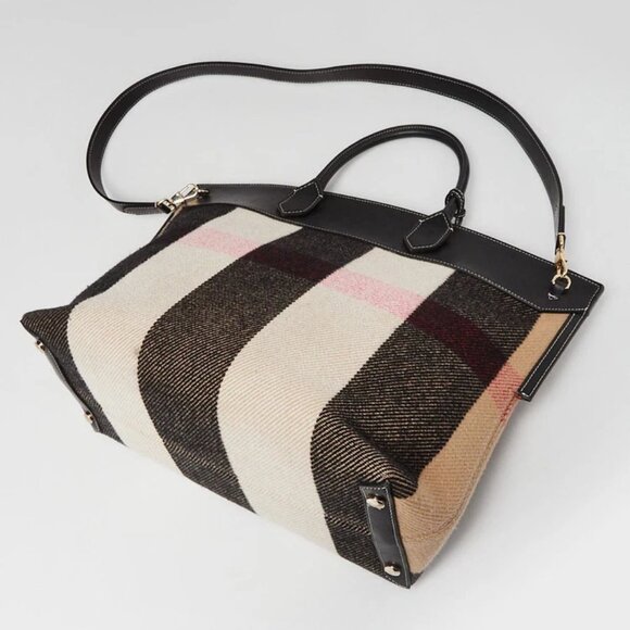 Burberry Black Leather Check Wool Medium Society Tote Bag - Picture 3 of 12